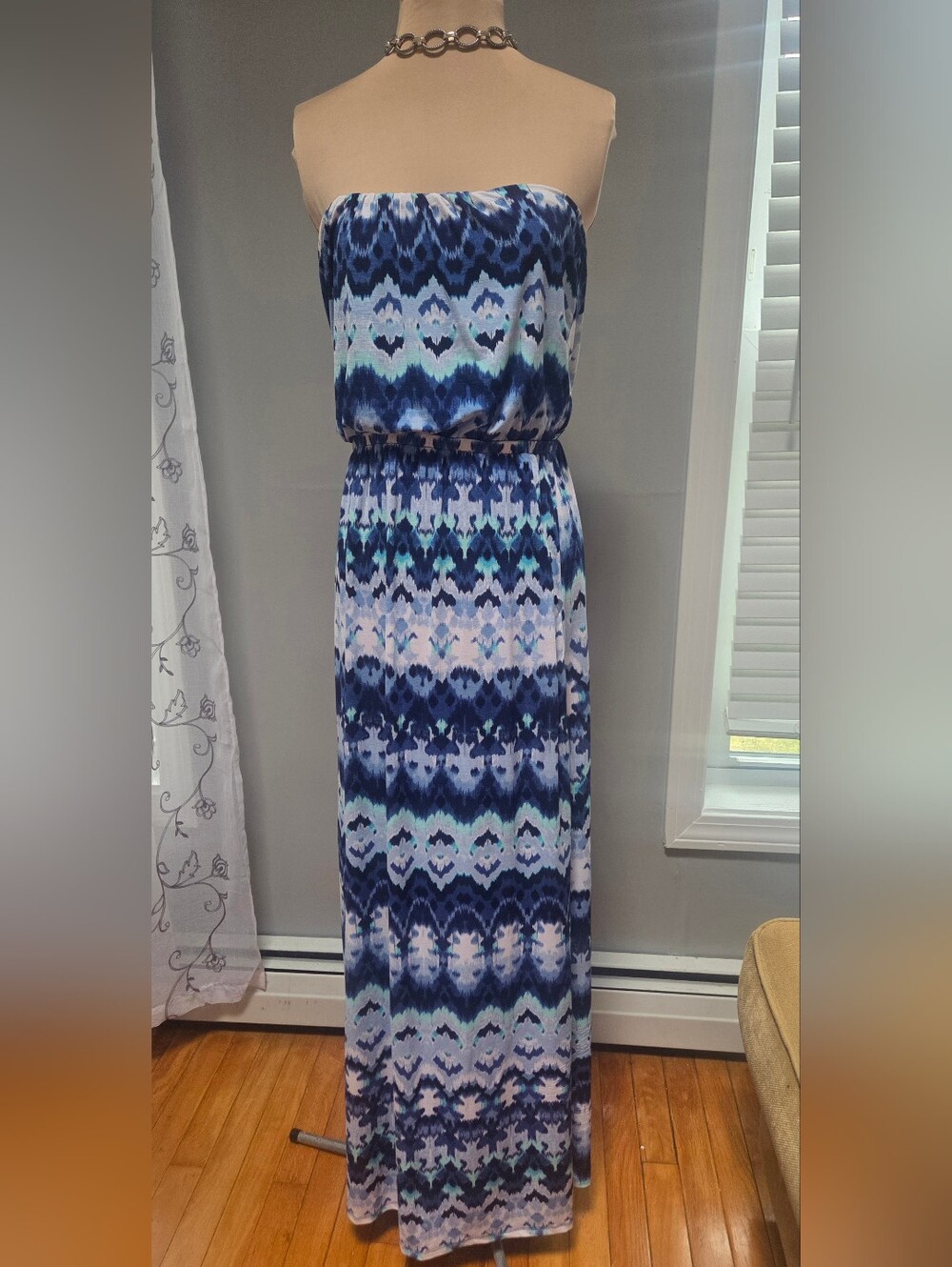 Three Pink Hearts blue strapless maxi dress L